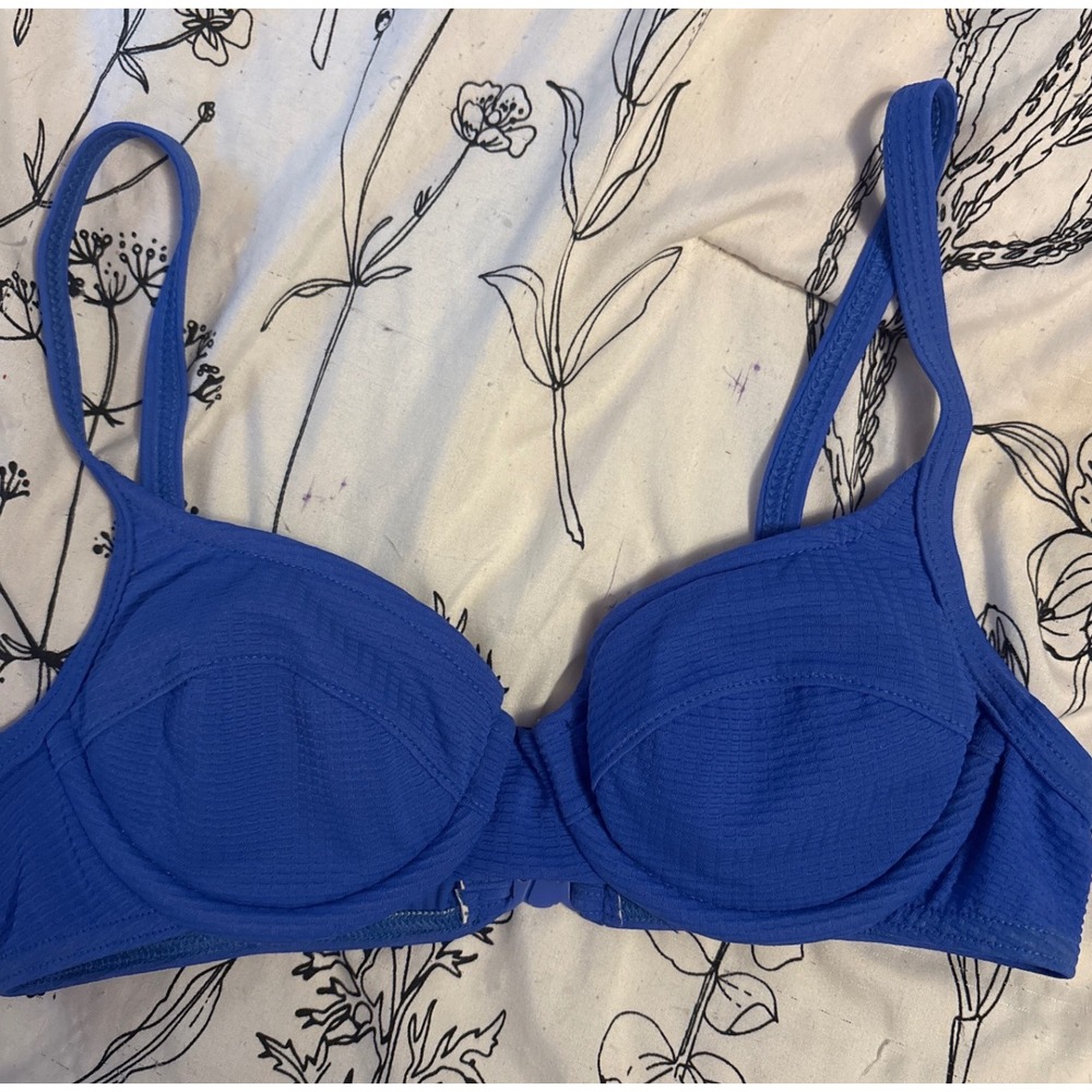 Aquabra Swimwear Blue Ribbed Underwire Liquid Filled Bikini Top, Size 8